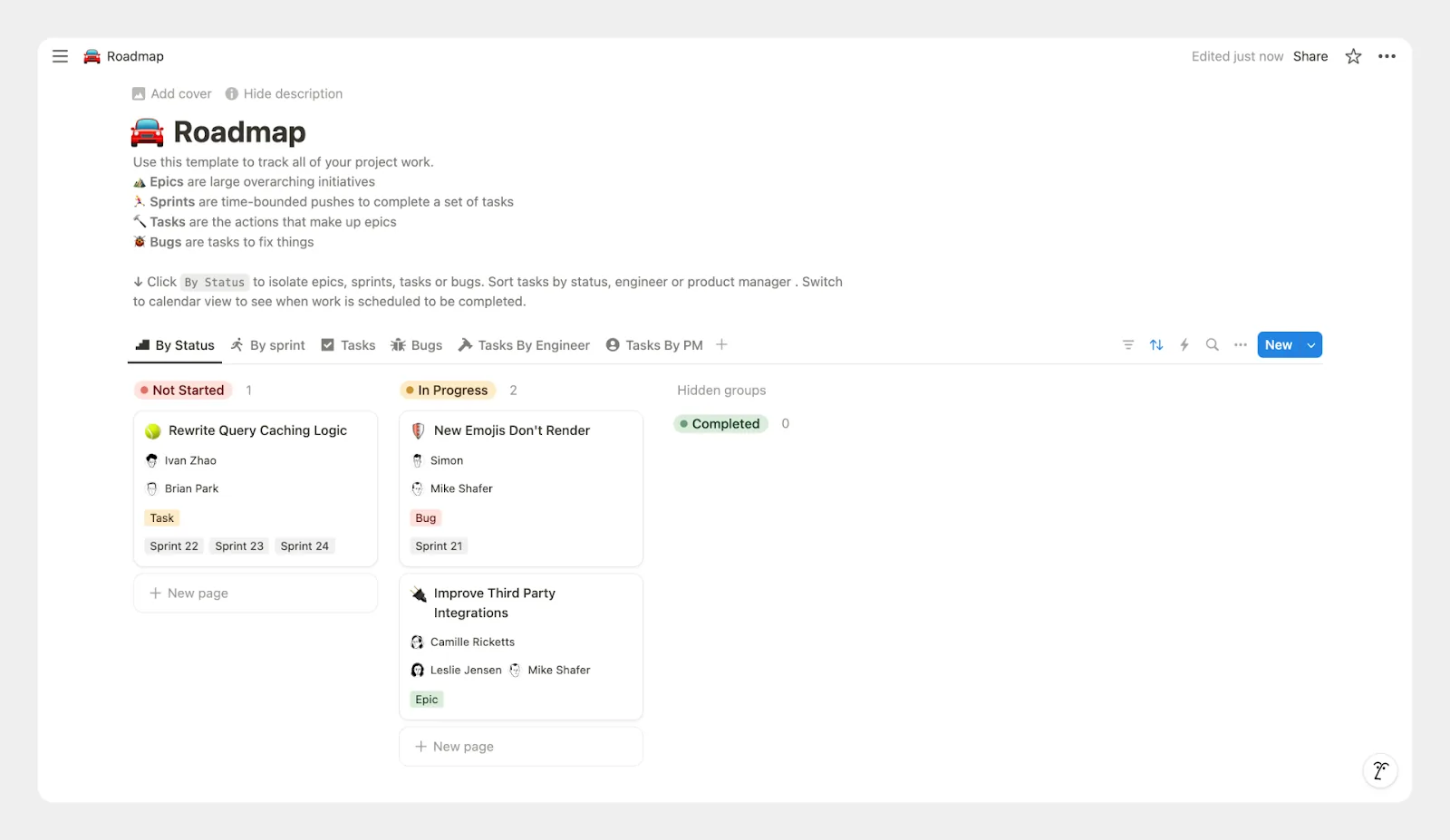Шаблон роадмапа в Notion с группировкой задач по статусу