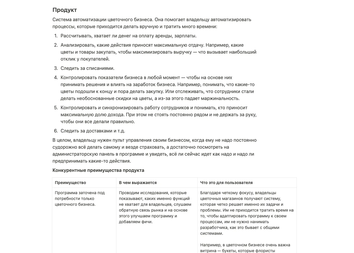 Описание продукта для автоматизации цветочного бизнеса и таблица его конкурентных преимуществ
